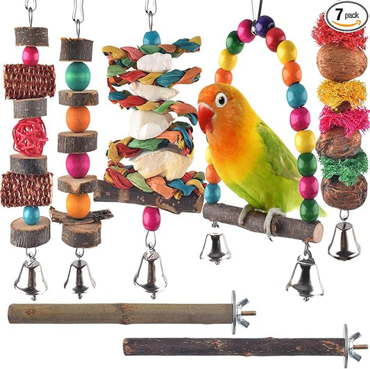 Bissap Bird Chew Toys, 7 Packs Parakeet Natural Wood Toys Parrot Hanging Cage by Bissap