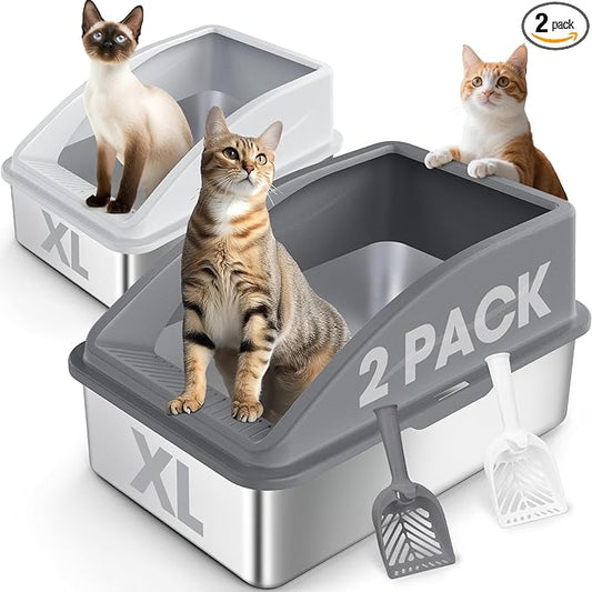 AIPERRO 2 Pack Stainless Steel Litter Box | XL Enclosed Cat Litter Boxes by AIPERRO