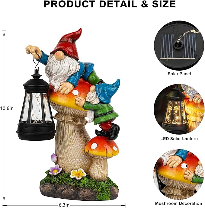 C&Y&G&X Solar Garden Gnome Statue, Waterproof Outdoor Mushroom Decor - Image 3