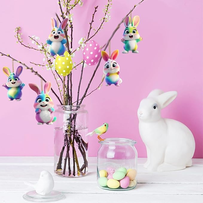 5 Pcs Bunny Easter Ornament 2D Flat Acrylic Rabbit Pendant Hanging Decor - Image 4