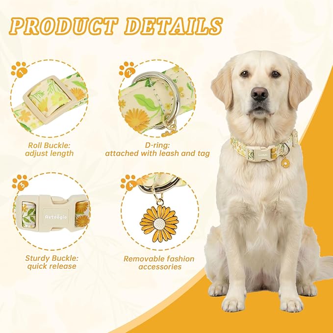 Spring Summer Dog Collar with Daisy Pattern, Adjustable Cotton Puppy Collars - Image 2