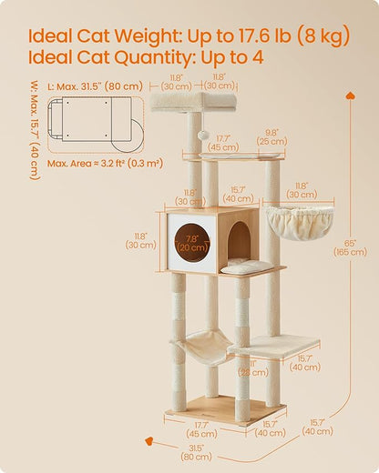 Feandrea Cat Tree, 65-Inch Tall Cat Tower, Scratching Posts, Almond Yellow - Image 5