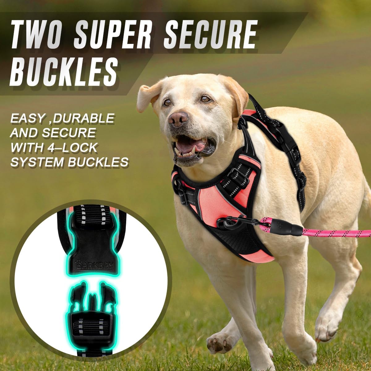 BARKBAY No Pull Dog Harness Front Clip Heavy Duty Reflective Easy Control Handle for Large Dog Walking(Light Pink,XL)