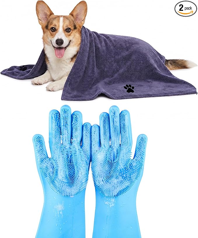 2PCS Dog Bath Supplies, Dog Bath Gloves | Dog Towels 32'' X 16'', Super by IDQQUQQ