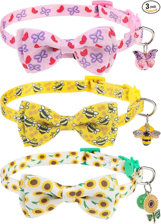 Breakaway Cat Collar with Removable Bow Tie and Bell, Cute Multi-Style Patterns by VKPETFR
