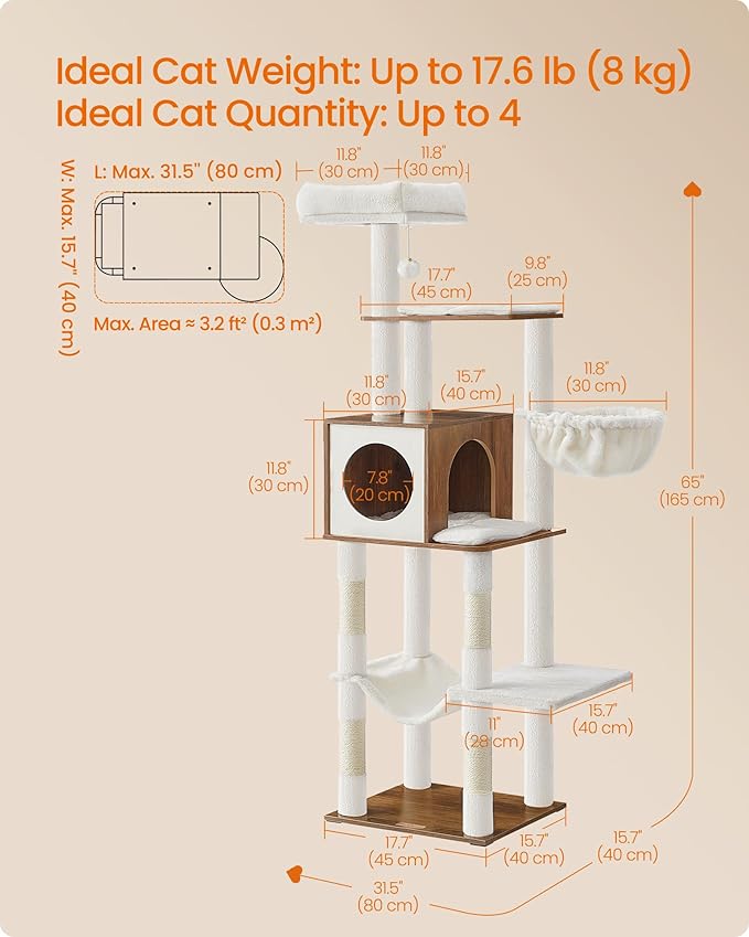 Feandrea Cat Tree, 65-Inch Tall Cat Tower, Scratching Posts, Honey Brown - Image 5