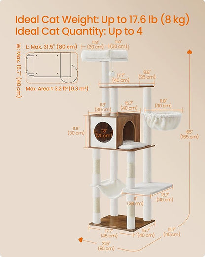 Feandrea Cat Tree, 65-Inch Tall Cat Tower, Scratching Posts, Honey Brown - Image 5