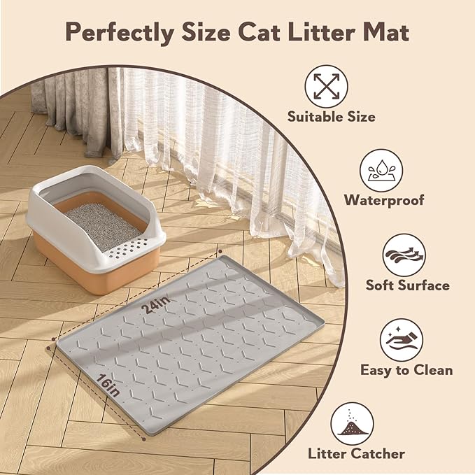 Garoopion Cat Litter Box Mat, Silicone Kitty Litter Mat, Light Gray - Image 5
