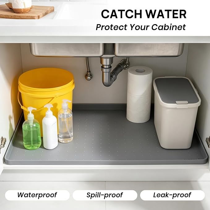 YINEYA Silicone Under Sink Mat Waterproof 24" x 16", Raised Edge Cabinet Liner - Image 3