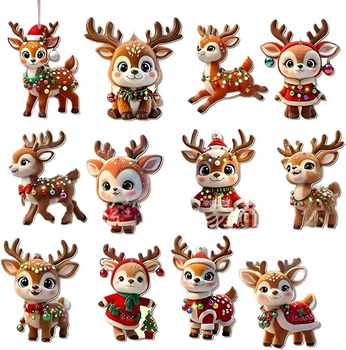 24 Pcs Cute Reindeer Christmas Tree Hanging Ornaments 2D Flat Wooden Pendant - Image 5