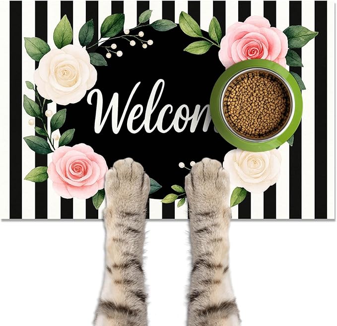 HOMETITUTE Pet Feeding Mat Black White Stripe Pattern 20" x 12", Welcome Sign by HOMETITUTE