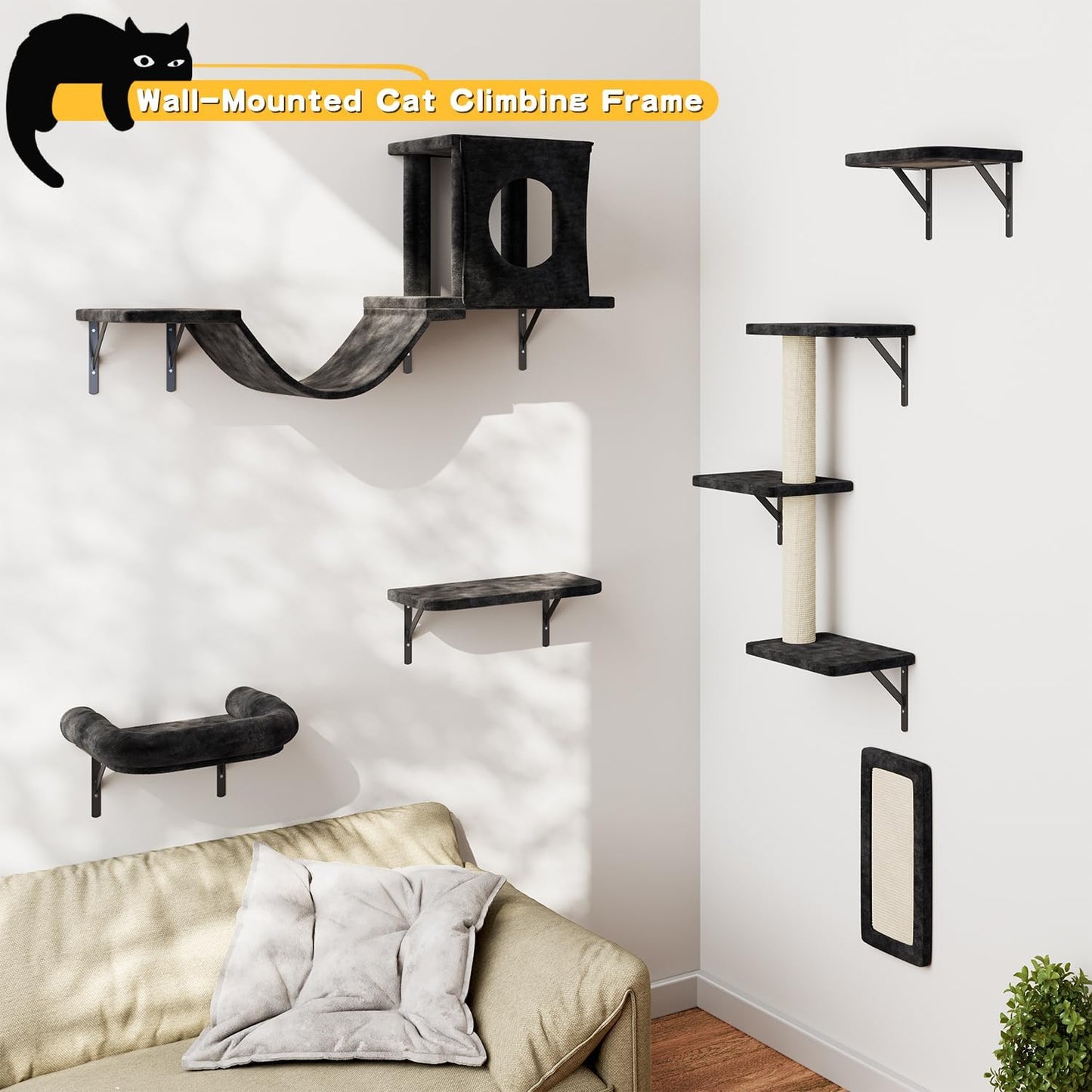 NUNU LAB Wall Mounted Cat Climber Set, 6 Pcs Cat Furniture Set with House, Bridge, Steps, Scratcher Board and Hammock, Shelves for Indoor, Luxury Walls Furniture(Black)