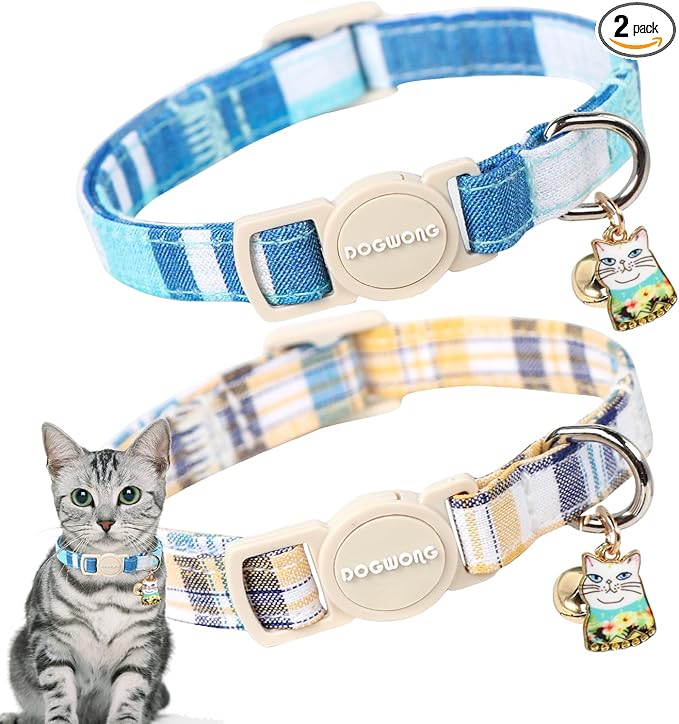 DOGWONG Cat Collar, 2 Blue Plaid Pack, Breakaway by DOGWONG