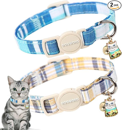 DOGWONG Cat Collar, 2 Blue Plaid Pack, Breakaway by DOGWONG