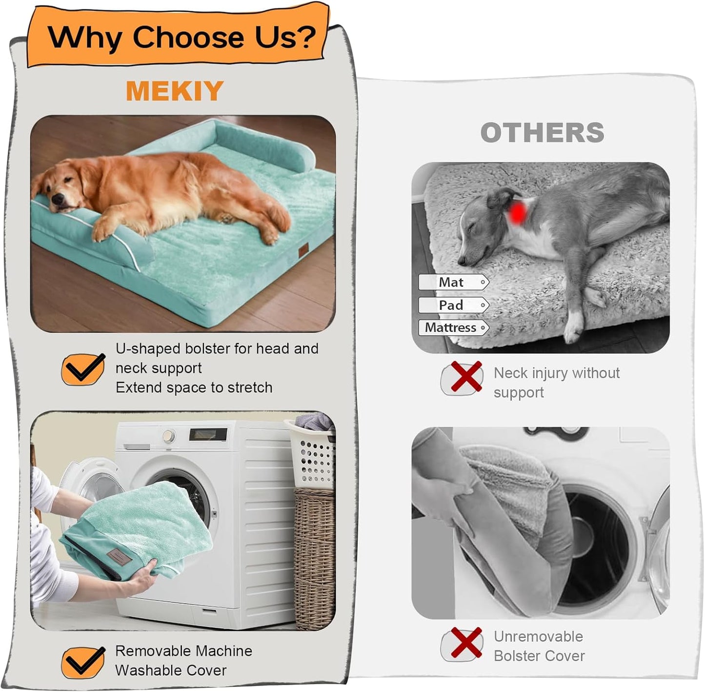 Orthopedic Washable Large Dog Bed, Dog Beds with Removable Cover, Large X XL Pet with Bolster, Washable Aqua Blue Dog Beds with Orthopedic Egg Foam for Medium Large Dogs