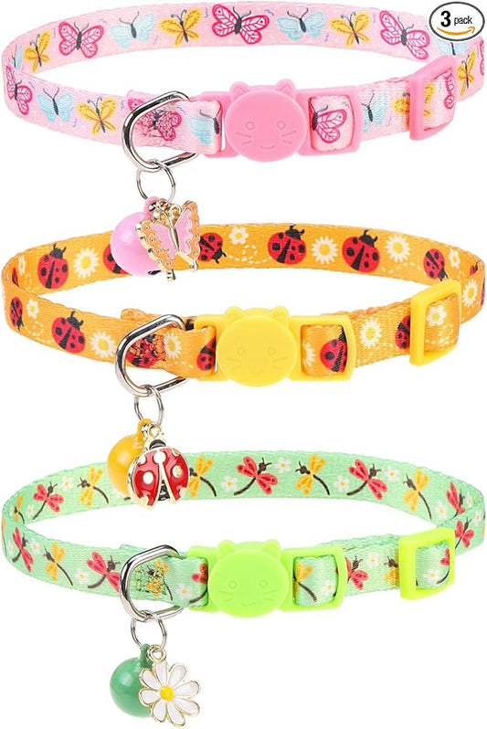 Breakaway Cat Collars with Bell & Cute Pendants, 3 Pack Safety Buckle Kitten by VKPETFR