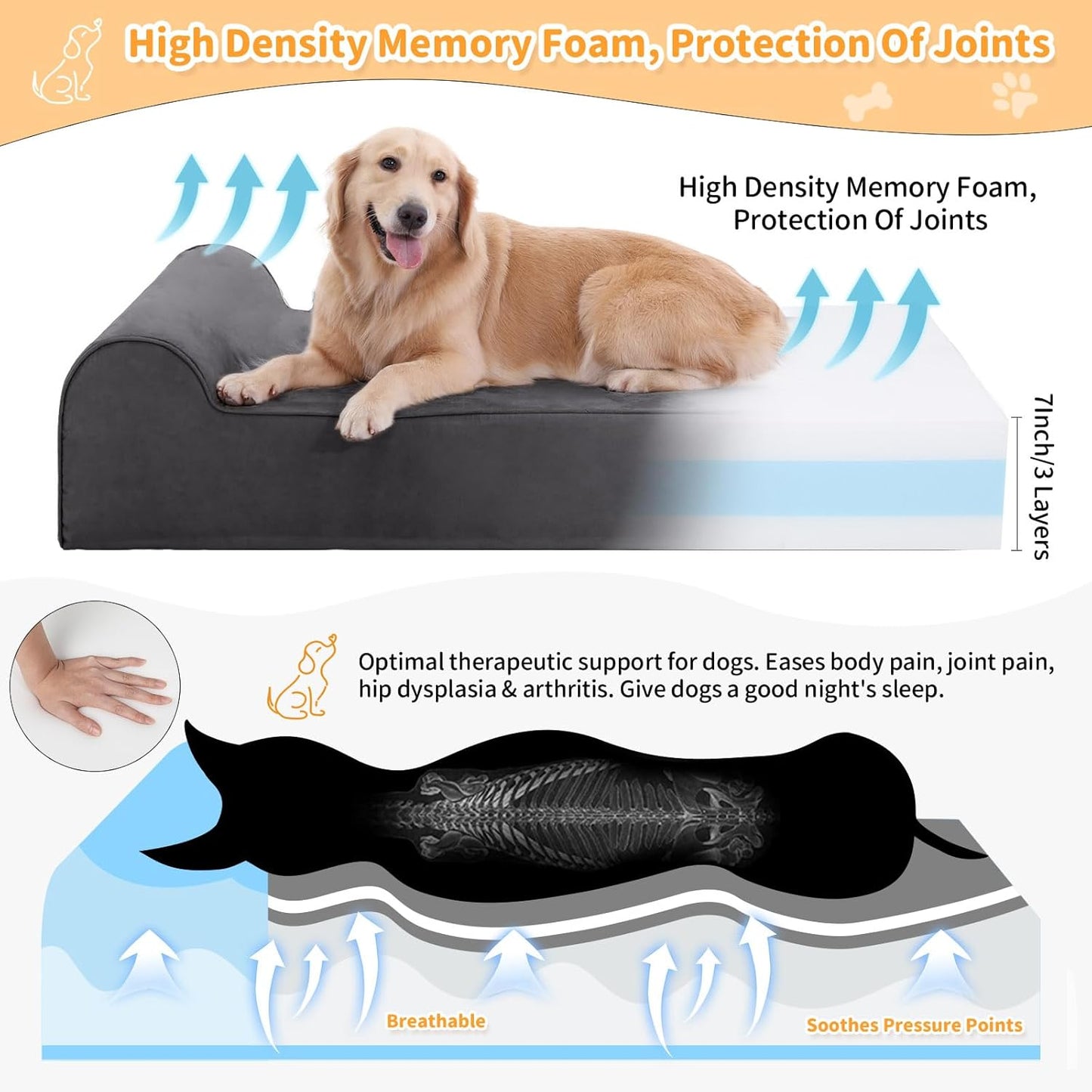 Large Orthopedic Dog Bed, 7" Memory Foam with Waterproof Liner, Chew Resistant Microsuede Cover, Removable and Washable, for Indoor, Outdoor, and Car Use, Nonskid Base, 52"x36" XL Grey