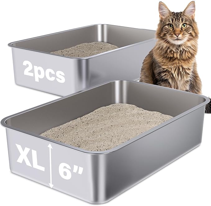 Stainless Steel Litter Box 2 Pack, 23.6" X 15.7" X 6" Steel Litter Box XL No by Holintan