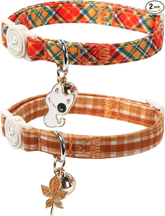 Cat Collar-2Pack Autumn Orange Plaid Kitten Collars-Halloween Plaid Breakaway by UPURARAPUP