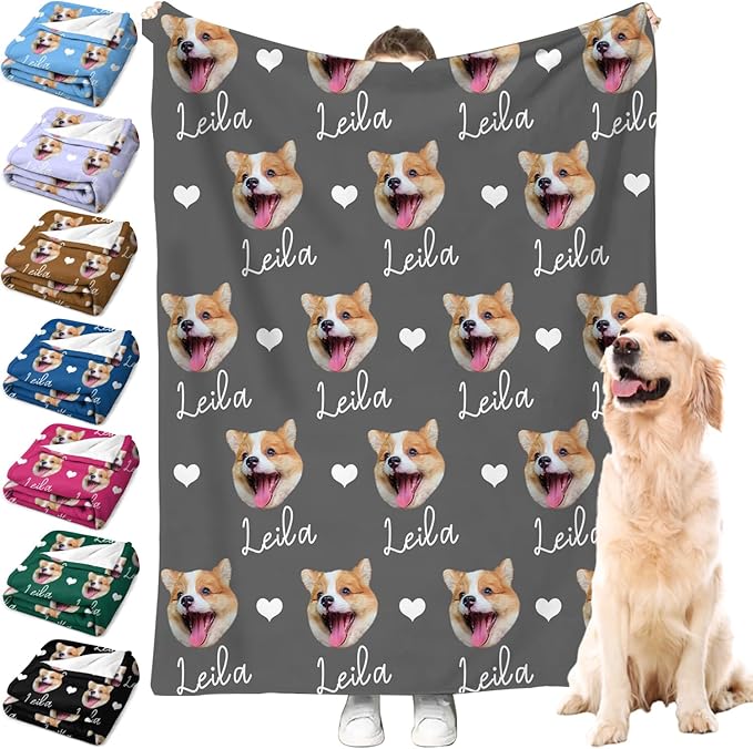Personalized Dog Blanket with Faces, Custom Pet Name Blankets, Customized Heart by MYESCUSTOM