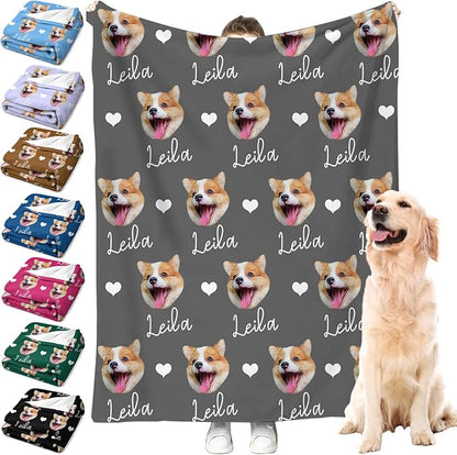 Personalized Dog Blanket with Faces, Custom Pet Name Blankets, Customized Heart by MYESCUSTOM