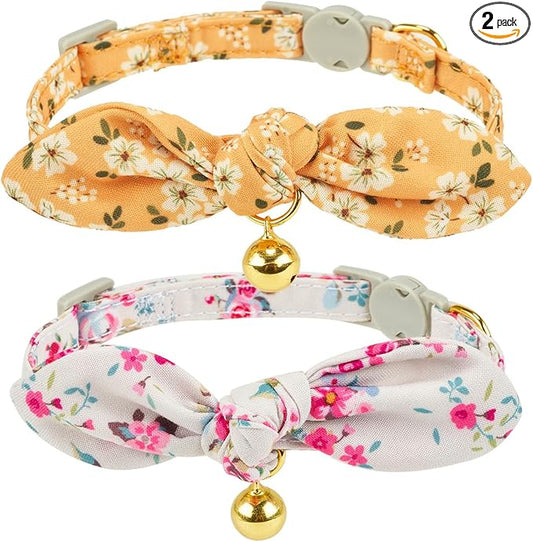 Bowtie Cat Collar with Bell, 2 Pack Cotton Breakaway Kitten Collars with by YUDOTE