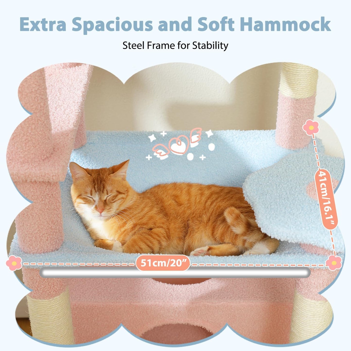 PAWZ Road Flower Cat Tree, 72 Inches Large Cat Tower with Steel Frame Hammock and 7 Scratching Posts, Tall Cat Tree with 2 Condos and Perches for Large Indoor Cats - Blue