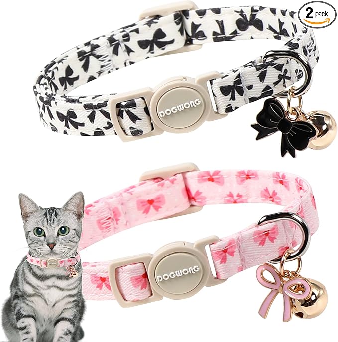 2 Pack Cotton Breakaway Cat Collar Pink and Black Heart Shaped Pendant Cute by DOGWONG