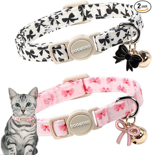 2 Pack Cotton Breakaway Cat Collar Pink and Black Heart Shaped Pendant Cute by DOGWONG