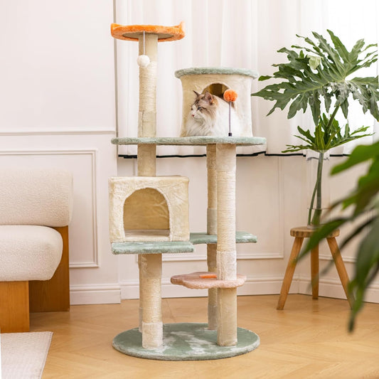 HYABi 53 Inch Flower Cat Tree - Multi-Level Cat Condo with Scratch Posts & Toys, Fresh Design Eco-Friendly Material, for Multi-Cat Households & Indoor Cat Playground