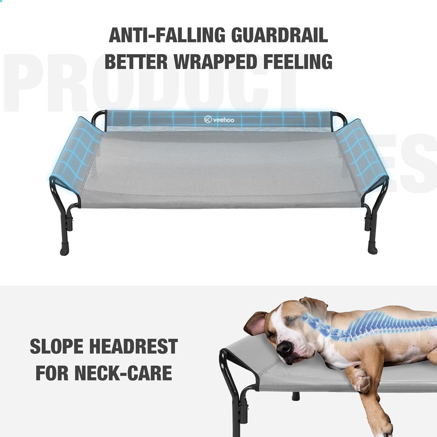 Veehoo Cooling Elevated Dog Bed, XL Raised Pet Cot with Guardrail & Slope Headrest, Durable Breathable Teslin Mesh, Non-Slip Feet, Washable Dog Couch Bed for Indoor & Outdoor, 50.5" x 33.5, Gray