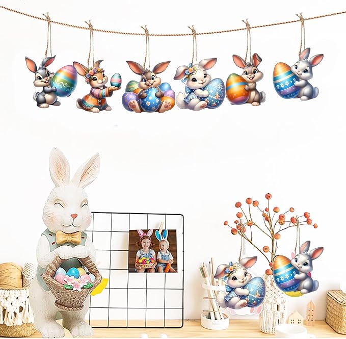 6 Pcs Easter Hanging Ornament Cartoon Cute Rabbit Designs Decoration DIY Crafts - Image 2