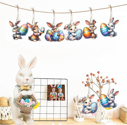 6 Pcs Easter Hanging Ornament Cartoon Cute Rabbit Designs Decoration DIY Crafts - Image 2