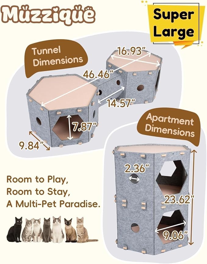Cat Tunnel House for Indoor Cats, w/Hair Brush, DIY Expandable Modular Felt Pet - Image 8