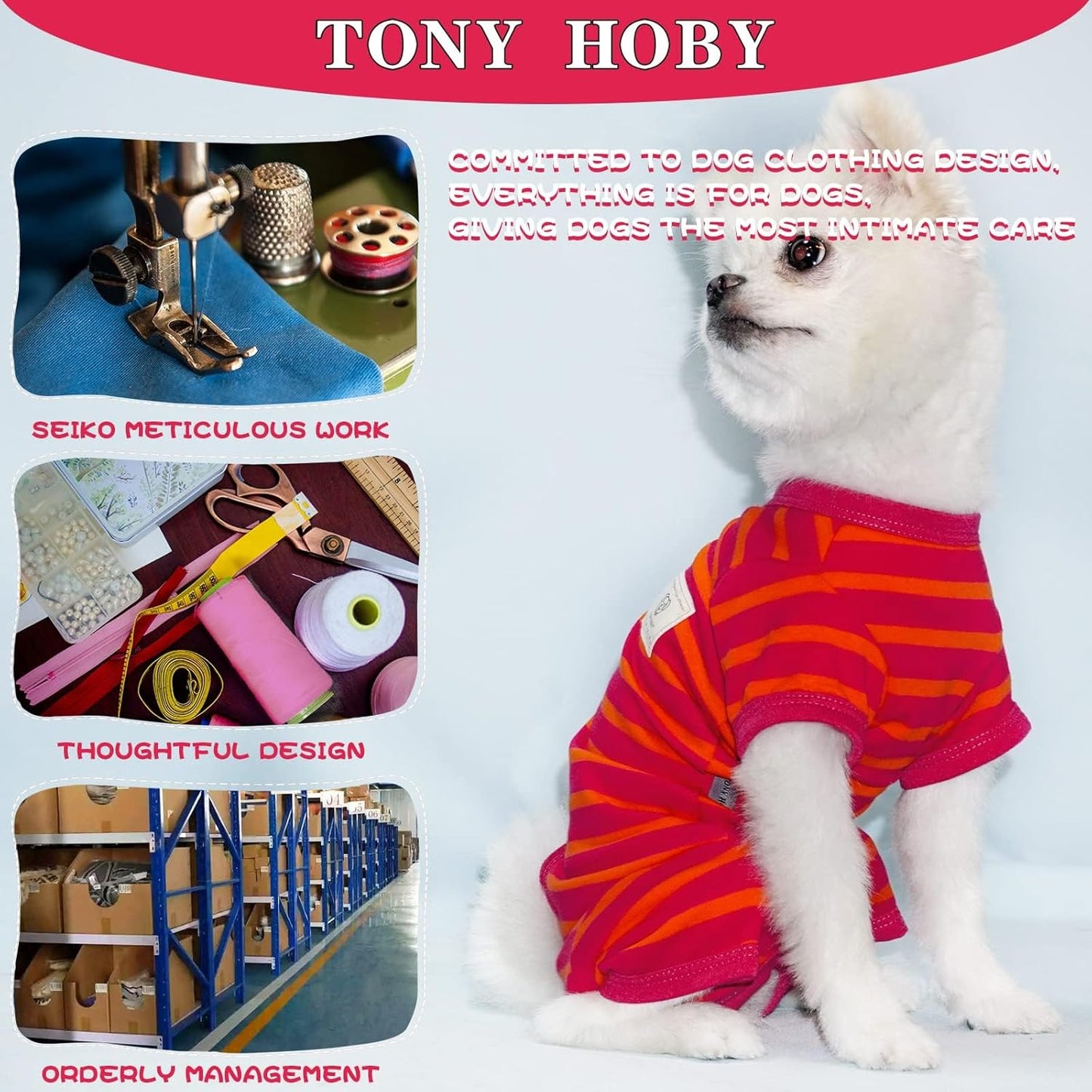 TONY HOBY Female/Male Dog Pajamas, Dog Jumpsuit 4 Legged Pajamas with Stripes, Soft Cotton for Comfortable Sleep (Rose Red&Orange, Boy, S)