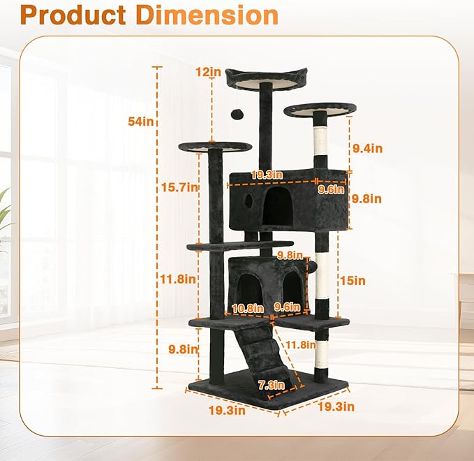 FDW | 54" Cat Tree Tower | Dark Gray | Multi-Level Indoor Activity Center - Image 6