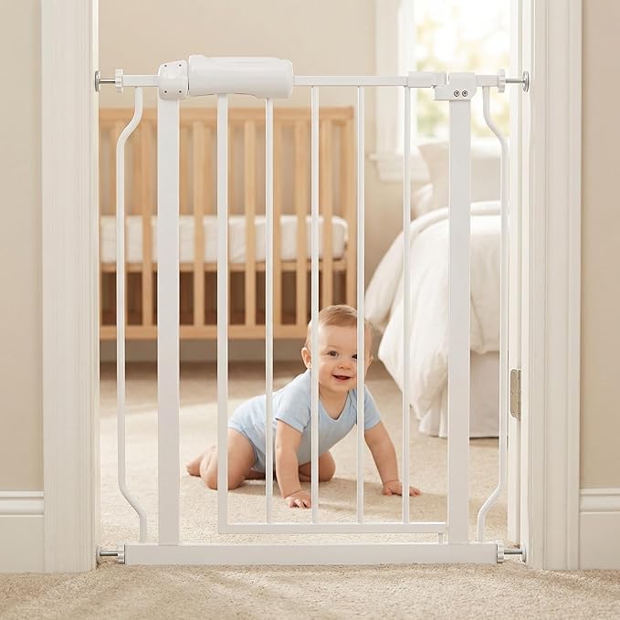 Narrow Walk Through Baby Gate 24.02-29.13 Inch Wide Auto Close Tension White by COSENDBABYGATE
