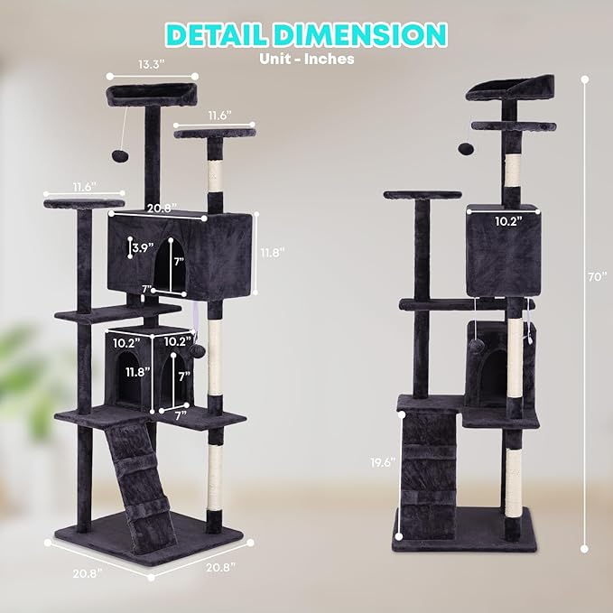 FDW | 70" Cat Tree Tower | Ashy | Multi-Level Indoor Activity Center - Image 7
