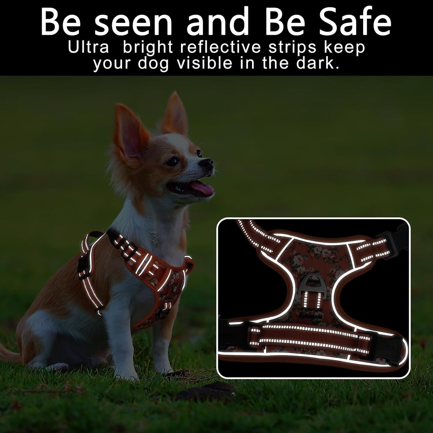 Timos Dog Harness, No Pull Dogs Harness 3 Snap Buckles Adjustable Reflective No Choke Pet Vest for Small Dog with Soft Padded Control Training Handle for Outdoor Training,Flower Orange, XS
