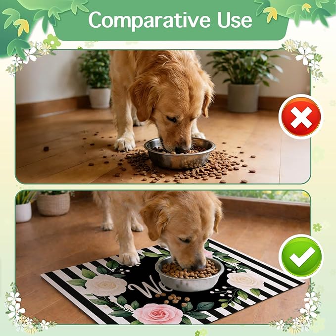 HOMETITUTE Pet Feeding Mat Black White Stripe Pattern 20" x 12", Welcome Sign - Image 8