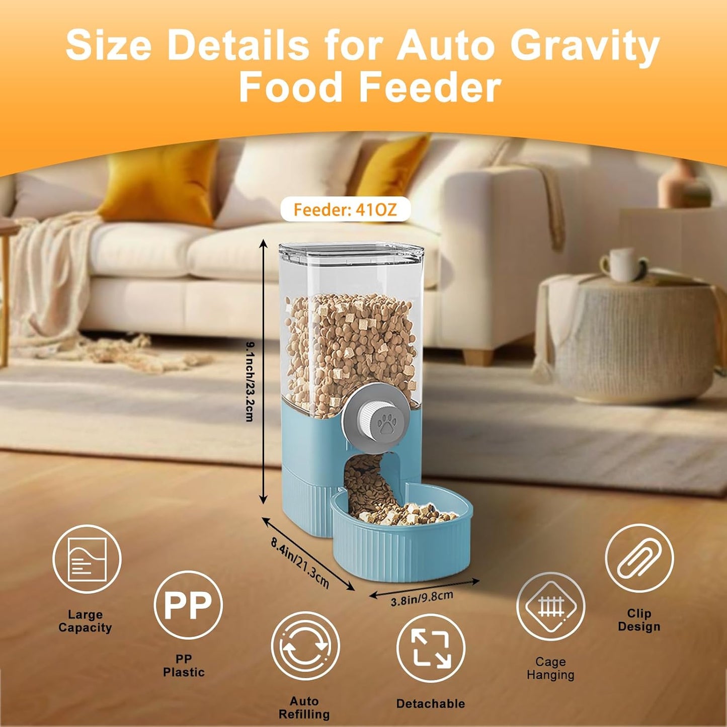 Auto Gravity Food Dispenser for Cage Hanging, 41OZ Capacity Hanging Automatic Pet Cage Feeder, Food Bowl for Cats Dogs Rabbit Ferret Chinchilla Bird Hedgehog Guinea Pig (Blue)
