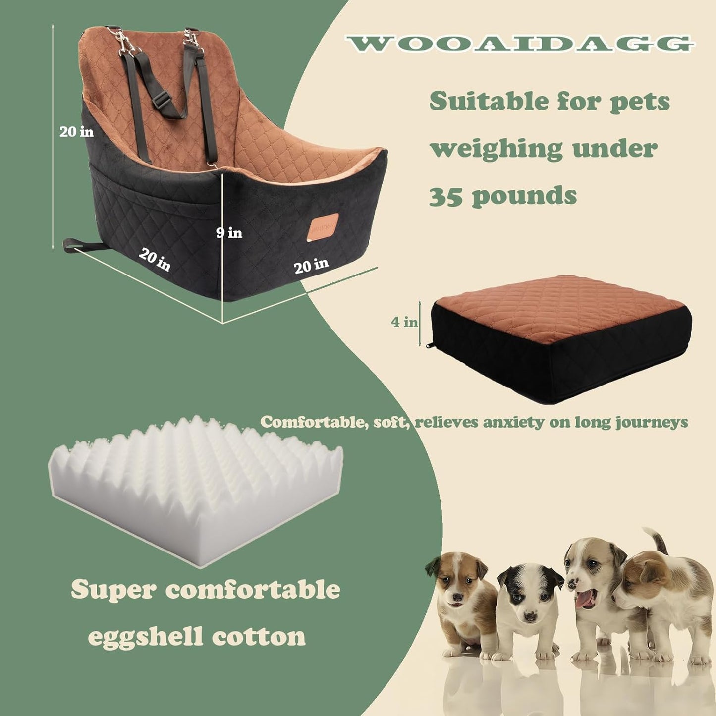Dog Car Seat for Medium Sized Dog,Pet Travel Car Bed with Seat Belt Channle,Fully Detachable and Washable Car Dog Seat with Adjustable Straps,3 Straps Easy to Install (Black/Brown)