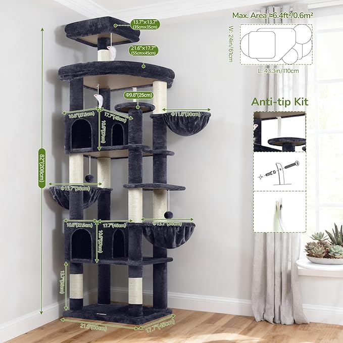 Globlazer Extra Large Cat Tree Tower, 82in Tall Heavy Duty Cat Tree - Image 6
