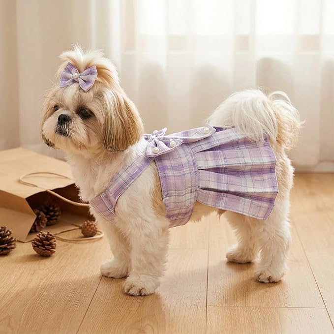 Cute Plaid Dog Dress Clothes for Small Dogs Cats Girl Purple Plaid Dog Dress - Image 7