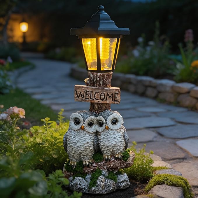 Outdoor Garden Owl Statue with Solar Lights, Owl Figure with Welcoming Sign - Image 6