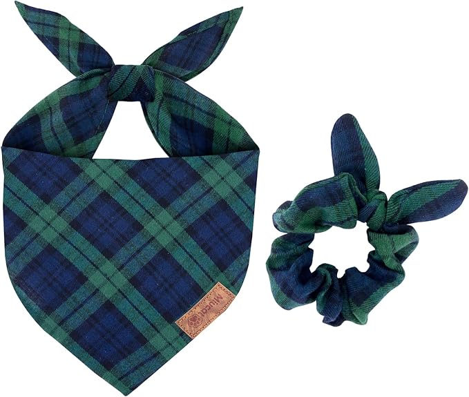 Christmas Dog Bandana & Matching Scrunchie Set – Plaid Scarf Kerchief by Miucat