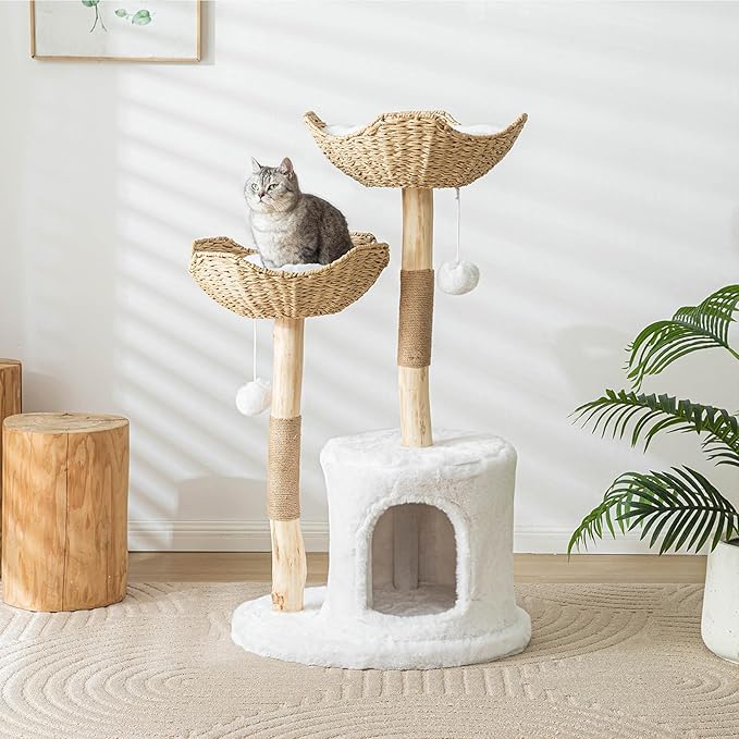 Modern Cat Tree for Indoor Cats Large Adult, 46.5" Tall Wooden Cat Tower for - Image 2