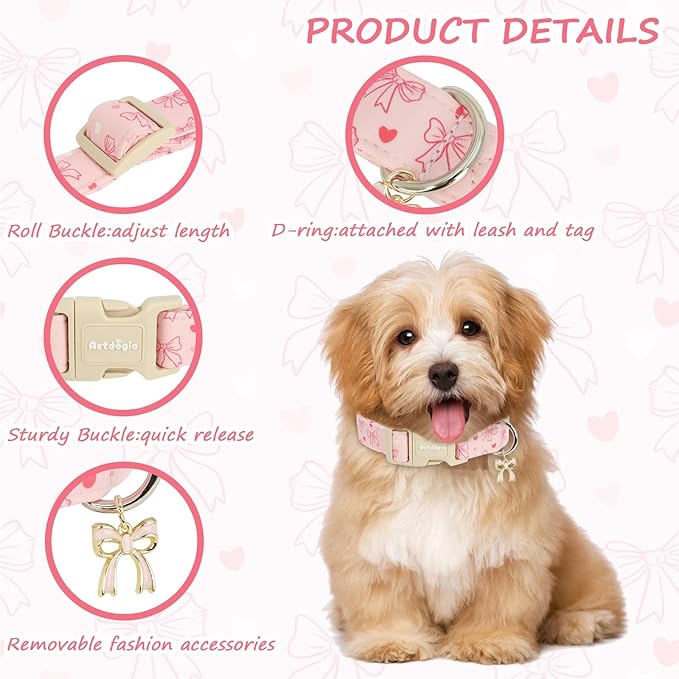 Pink Bow Dog Collar, Adjustable Cotton Dog Collar - Image 3