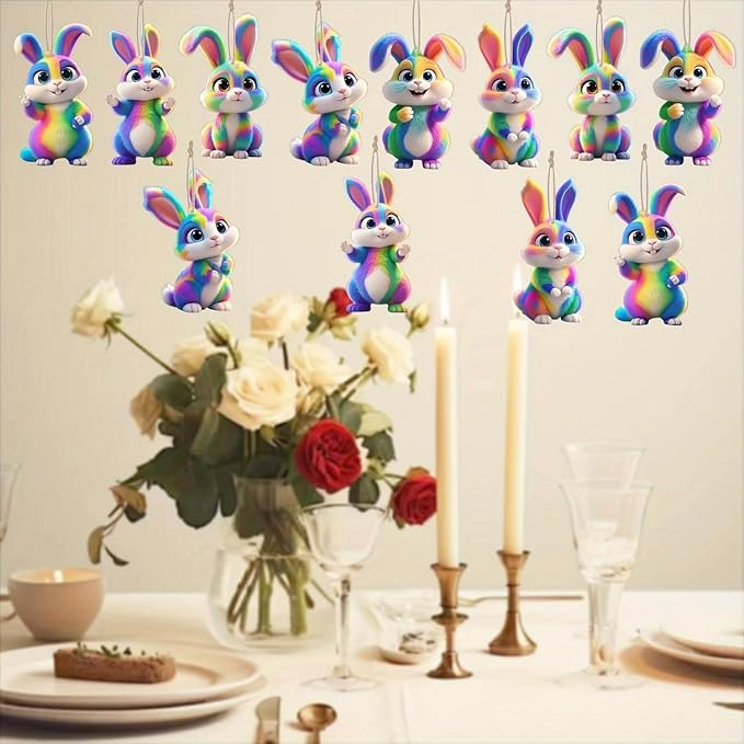 12 Pcs Easter Hanging Ornament Cute Colorful Gradient Bunny Designs 2D Wooden - Image 4