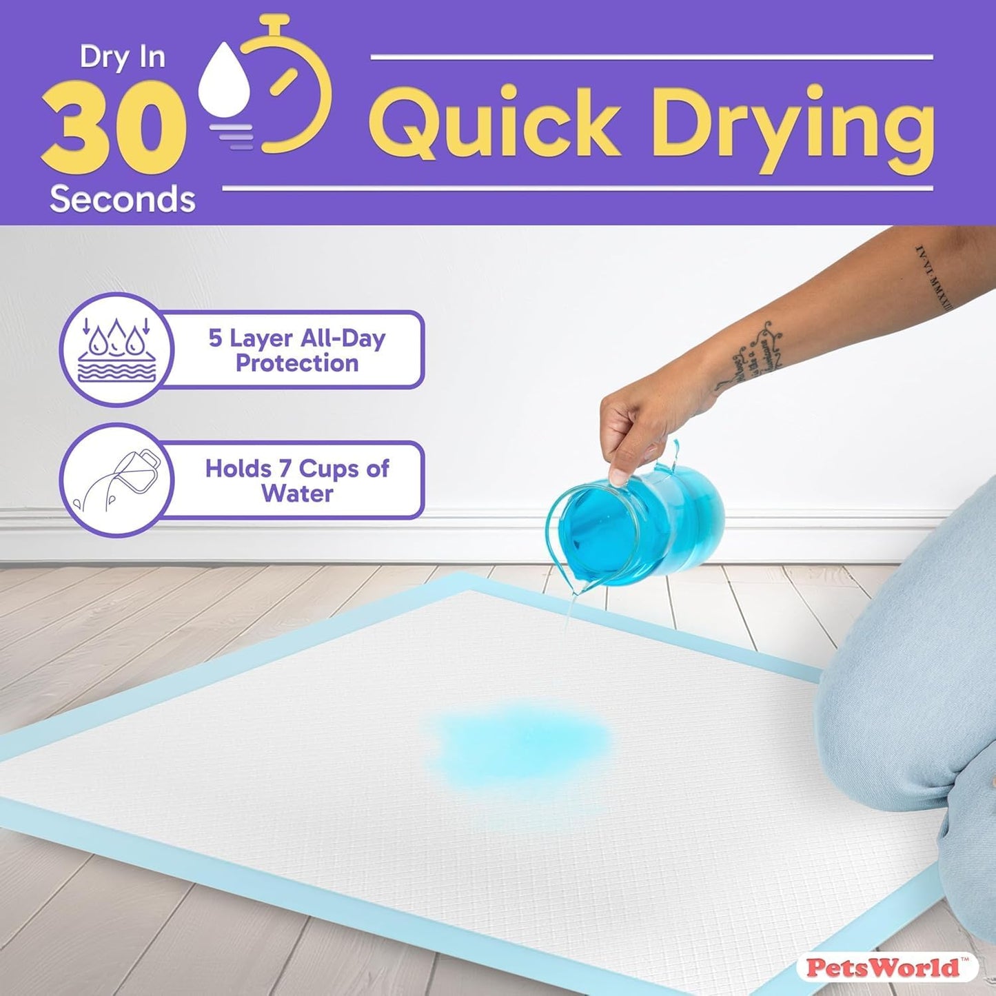 PETSWORLD Giant Dog Potty Pads, Odor-Eliminating, 36" x 36", Ultra Absorbent 5-Layer Leak-Proof Training Pads for Dogs & Cats (36x36, 600 Count)